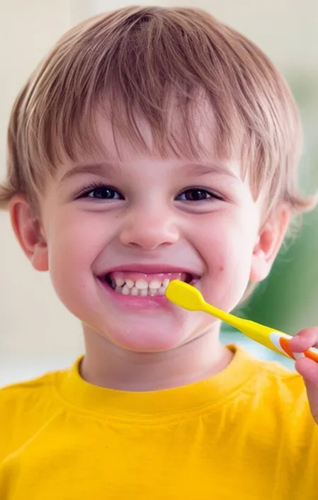 young child cleaning teeth with yellow toothbrush
